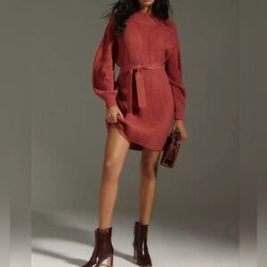 ANTHROPOLOGIE LONG-SLEEVE MOCK- NECK TIE WAIST MINI SWEATER DRESS CEDAR XS NWT